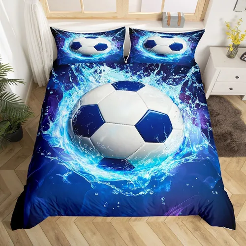 Juego de ropa de cama de fútbol para niñas y niños, tamaño individual, juego de funda de edredón con temática deportiva, funda de edredón decorativa