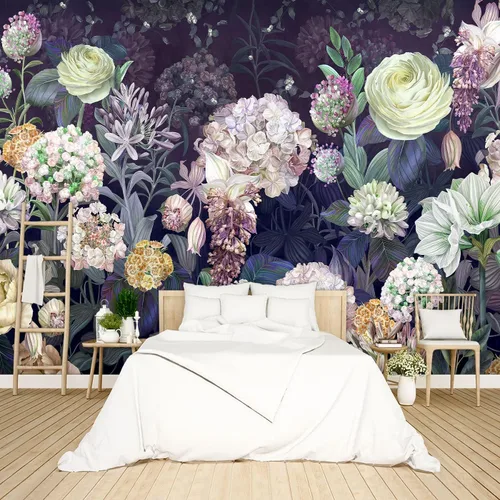 Miniatura 7 de Papel tapiz floral de peonía negra para dormitorio, flores botánicas moradas, hojas murales para sala de estar, fondo de TV, mural grande