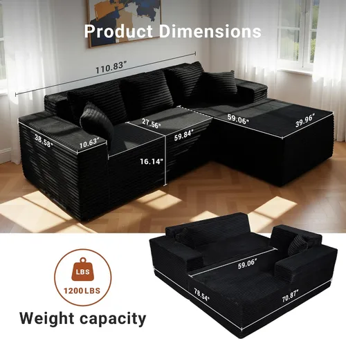 Miniatura 2 de YDN Sofá de sofá deshuesado de 110 pulgadas, sofás seccionales para sala de estar, sofá nube con diván, juego de sofá modular en forma de L, diván