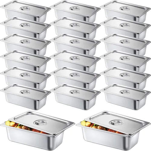 Zubebe Paquete de 16 sartenes de hotel con tapa, mesa de vapor de 4 pulgadas de profundidad, acero inoxidable de 0.035 in de grosor, sartenes