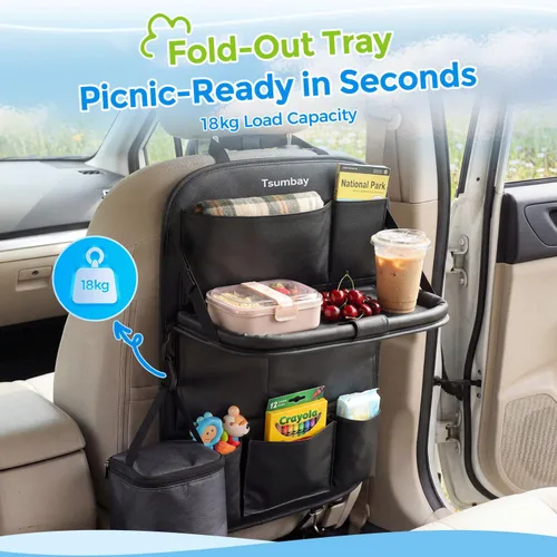 Miniatura 3 de Tsumbay Organizador de asiento trasero de automóvil con soporte para tableta, 9 bolsillos de almacenamiento, bandeja de mesa plegable, protectores