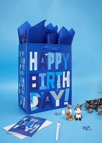 Miniatura 3 de wishinside Juego de bolsas de regalo azules grandes de 13 pulgadas con tarjeta de felicitación y papeles de seda (feliz cumpleaños azul) para fiesta