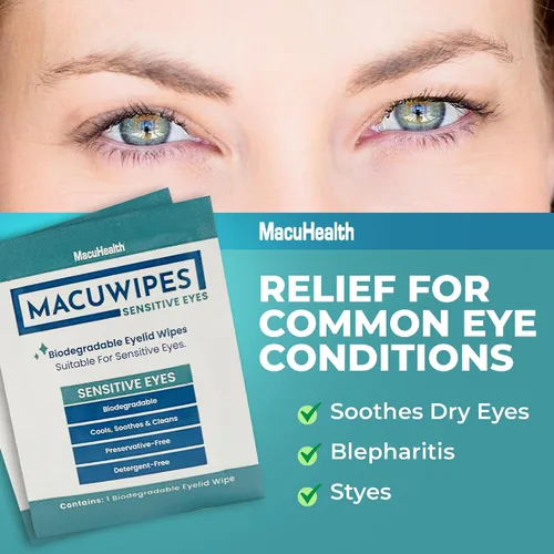 Miniatura 6 de MacuHealth MacuWipes Sensitive - Toallitas de párpados prehumedecidas para ojos secos, adoloridos y arenosos, sin alcohol, fórmula sin enjuague
