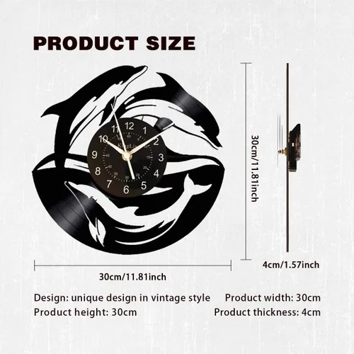 Miniatura 5 de KingLive Dolphin Fish - Reloj de pared de disco de vinilo de 12 pulgadas (11.8 in), color negro, moderno, decorativo, hogar, oficina, niños