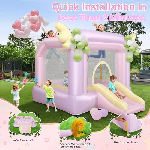 Miniatura 6 de AKEYDIY Casa inflable de rebote para niños, 106'' x 85'' x 80'' Casa de salto Macaron con tobogán, globos, set de atrapar pelotas, saco de boxeo