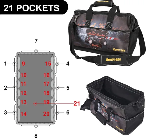 Miniatura 3 de Busted Knuckle Garage bolsa de herramientas portátil de 16 pulgadas con boca ancha, 21 bolsillos, gran espacio interior y base impermeable