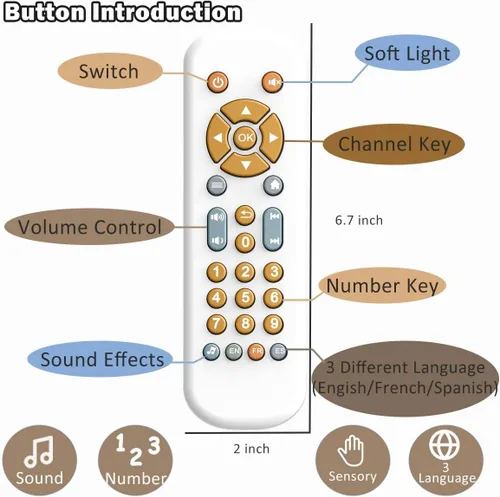 Miniatura 6 de Juguete de control remoto para televisión para bebés con luz y sonido, juguete musical educativo temprano con inglés/francés/español, juguete