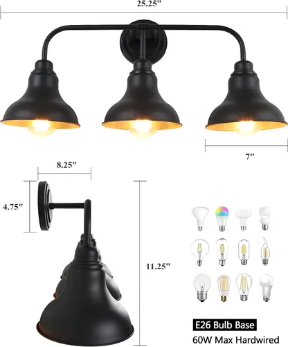 Miniatura 2 de Lámparas de tocador de baño de granja de 25 pulgadas, lámparas de baño de 3 luces sobre espejo, apliques rústicos de pared con pantalla de metal