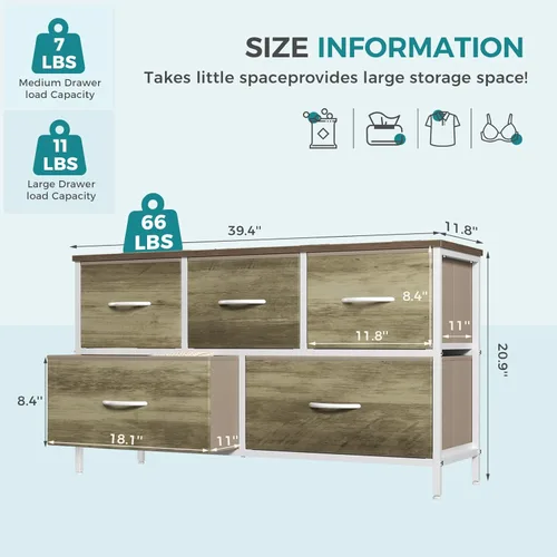 Miniatura 3 de OLIXIS Cómoda para dormitorio con 5 cajones, cómoda ancha, cómoda de tela para dormitorio con organizador de cajones, unidad organizadora de Roble