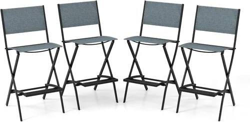 Miniatura 10 de COSTWAY Juego de 4 sillas de bar para patio al aire libre, taburete plegable de altura de mostrador con marco de metal y reposapiés, taburete de bar
