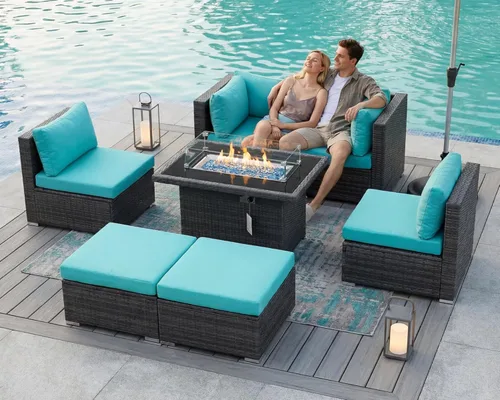 BULEXYARD Juego de 7 piezas de sofá seccional para exteriores con respaldo alto, mesa para fogatas, juego de muebles de patio de mimbre resistente a