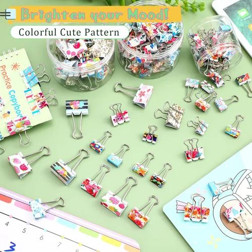 Miniatura 5 de Cholemy 112 clips para carpetas con caja, 3 tamaños, suministros de oficina florales, de colores, grandes, medianos, pequeños, de varios tamaños