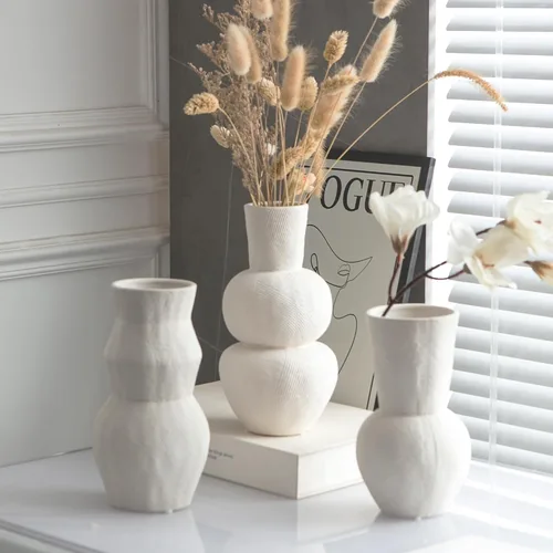 Miniatura 2 de Jarrones de cerámica para flores, juego de 3 jarrones acanalados blanco mate, jarrones decorativos para hierba de las pampas, decoración moderna