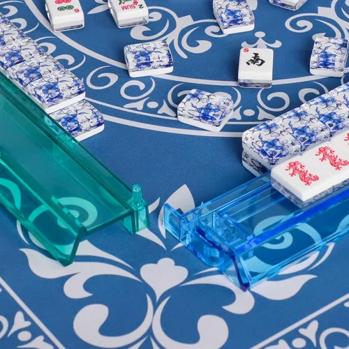Miniatura 5 de Juego de Mahjong Americano, 166 Azulejos Premium de Acrílico con Impresiones Azules, 4 Estante/Empujadores de Color Todo en Uno, Juego Completo