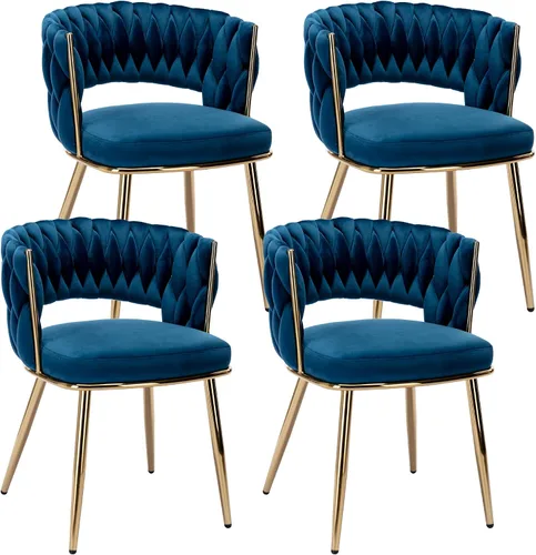 Miniatura 21 de Juego de 2 sillas de comedor tejidas, modernas sillas de comedor tejidas a mano con patas de metal negro, sillas tapizadas con marco negro