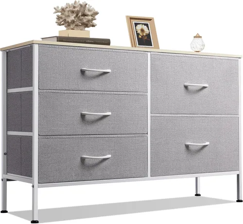 WLIVE - Cómoda para dormitorio con 5 cajones, cómodas anchas para dormitorio con organizadores de cajones, cómoda con cajones, cómoda de tela para