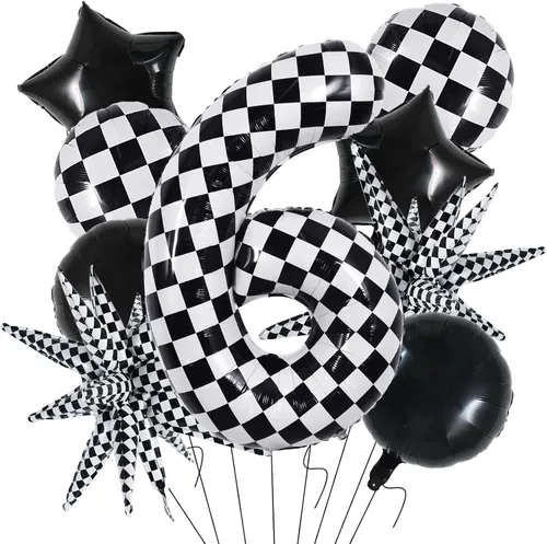 Miniatura 13 de TONIFUL 18 globos a cuadros blancos y negros, globos de carreras de 18 pulgadas para decoraciones de fiestas temáticas de autos de carreras rápidas