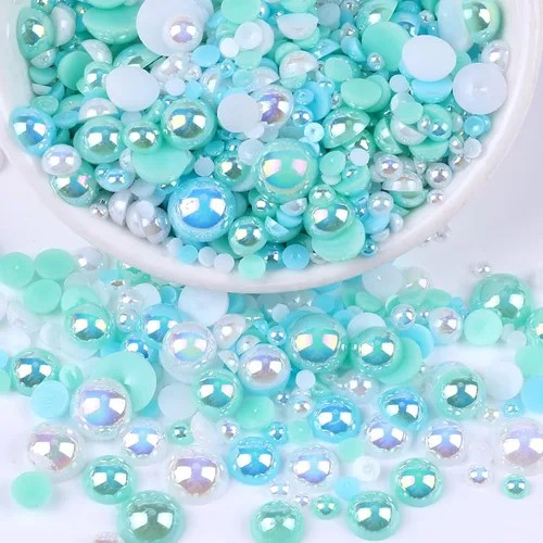 Miniatura 20 de Perlas con parte trasera plana para manualidades, 50g Mezcla Azul Rosa Blanco Medias perlas para manualidades, Tamaño mixto 3/4/5/6/8/10mm Perlas