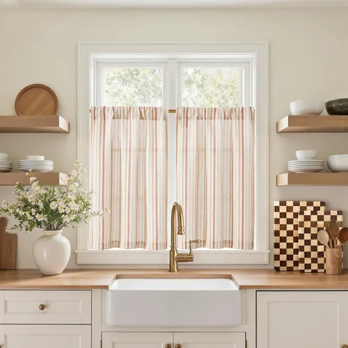 Miniatura 73 de jinchan - Cortinas de lino a rayas para cocina de 20 pulgadas de largo, cortinas de varios niveles, estilo granja moderna de café, tratamientos