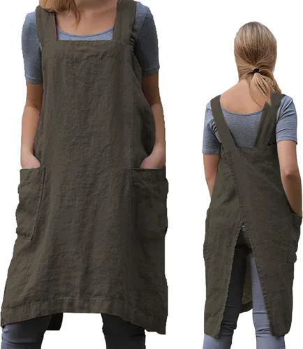 Miniatura 10 de ZQFFB Pinafore - Delantal con espalda cruzada para mujer, con bolsillos, bata japonesa para el trabajo, jardinería, cocina, pintura, hornear