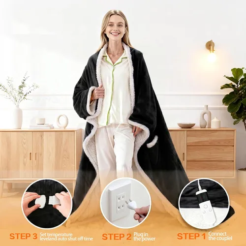 Miniatura 2 de Manta térmica portátil con mangas y bolsillo para el pie, manta térmica de calentamiento rápido con 10 ajustes de calor apagado automático