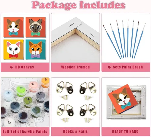 Miniatura 6 de Ammklfh Paquete de 4 pinturas enmarcadas para gatos por números, kit de pintura fácil por números para adultos principiantes Kdis, pintura acrílica