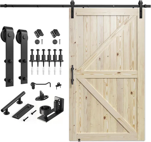 Miniatura 8 de SMARTSTANDARD Puerta corredera de granero de 28 x 84 pulgadas con kit de herrajes para puerta de granero de 5 pies incluido, puerta de madera