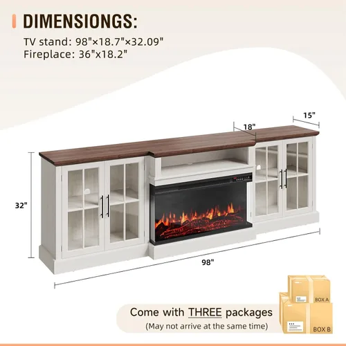 Miniatura 6 de Mueble de TV de estilo granja de 98" con chimenea de 36" para televisores de hasta 100", centro de entretenimiento multimedia con estantes Blanco