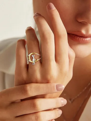 Miniatura 2 de SILVERCUTE Women Cat Ring 925 Sterling Silver 18K Gold Plated Cat on The Moon Cute Wrap Ring Adjustable