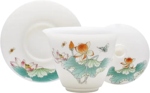 Miniatura 3 de Juego de porcelana blanca de jade hielo Gaiwan, delgado/sin esmaltar/translúcido/calcomanía China Gongfu Tea Cup Set -QinLian
