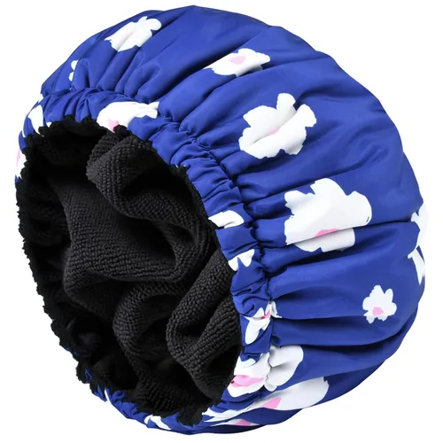 Miniatura 18 de Gorro de ducha para mujer, gorro de baño negro, reversible, grande, impermeable, ajustable, forro de rizo y banda elástica, dobladillo elástico