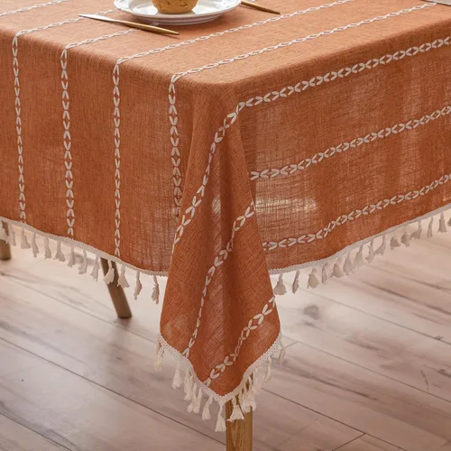 Miniatura 11 de Mantel rectangular de lino beige crema para comedor y cocina, mantel rectangular de arpillera de lino con borlas, resistente, rústico, campestre
