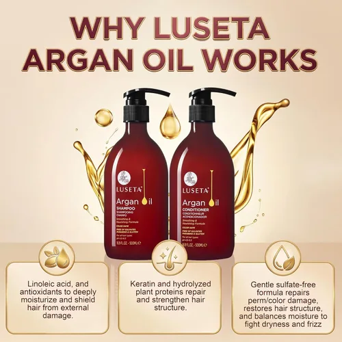 Miniatura 2 de Luseta - Juego de champú y acondicionador de aceite de argán, sin sulfatos, para tratar la pérdida de cabello, ideal para cabello dañado, fino, seco