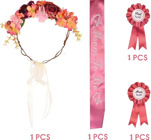 Miniatura 9 de MEANT2TOBE Tiara de flores rosas naranjas, juego de banda y pin para papá, regalo de maternidad para mamá y él, decoración de baby shower