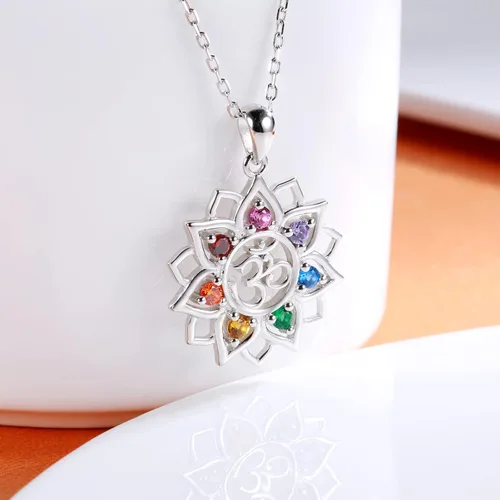 Miniatura 5 de Chakra Yoga Lotus Flower Necklace 925 Sterling Silver Om Ohm Symbol Crystal Pendant Necklace Spiritual Jewelry Gift for Women Girls