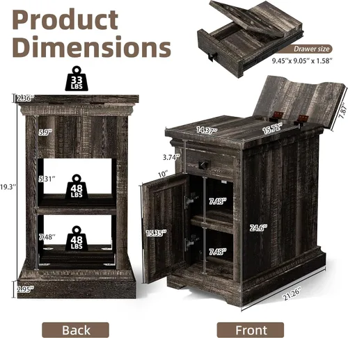 Miniatura 3 de Mesa auxiliar de granja con estación de carga, mesita de noche de madera rústica con puertos USB y tomas, cajón de almacenamiento y gabinete, mesa