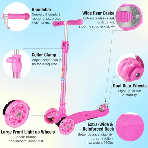 Miniatura 5 de BELEEV Patinetes para Niños de 3 Ruedas Patinete de Empuje para Niños Pequeños Niñas y Niños, 4 Alturas Ajustables, Inclinarse para Dirigir, Ruedas