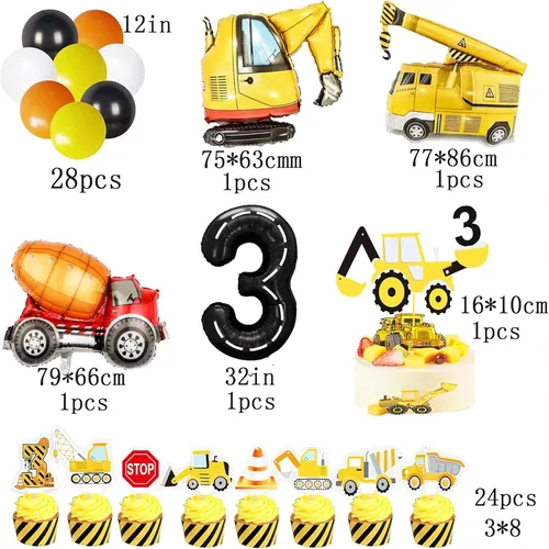 Miniatura 2 de 90 piezas de decoración de fiesta de camión volquete para niños. Suministros de fiesta de construcción para el tercer cumpleaños de niños