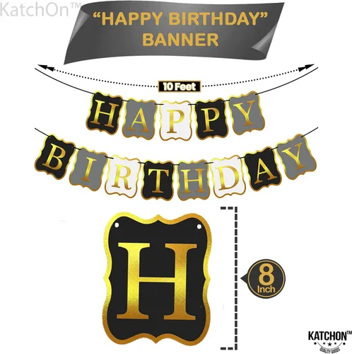 Miniatura 3 de KatchOn, Cartel de feliz cumpleaños negro y dorado, 10 pies, NO DIY, telón de fondo de feliz cumpleaños, decoraciones de feliz cumpleaños