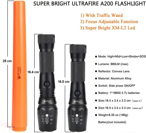 Miniatura 5 de UltraFire Linterna LED de vara de control de tráfico de 16 pulgadas, linterna de varita de tráfico de 980 lúmenes, 5 modos con modo estroboscópico