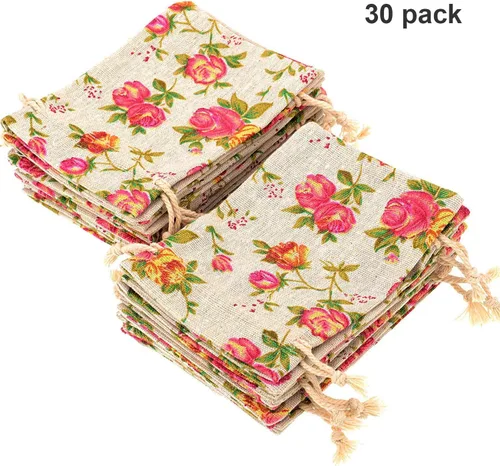 Miniatura 2 de Pangda 30 bolsas con cordón de rosas de tamaño pequeño, bolsa de arpillera con flores, bolsa de lino para regalo, bolsa de joyería para bodas