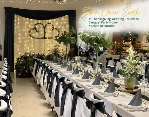 Miniatura 7 de 60 bandas para sillas de satén negro, diseño de lazos con lazos, para decoración de sillas para Acción de Gracias, boda, Navidad, banquetes