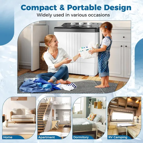 Miniatura 3 de COSTWAY Lavadora portátil, doble tina de 20 libras de capacidad, lavadora compacta de lavandería (12 libras) y giratoria (8 libras), diseño duradero