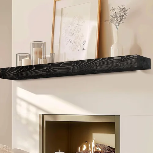 Miniatura 14 de Repisa de chimenea de 48 pulgadas, madera maciza rústica hecha a mano de 3 pulgadas de grosor, estante flotante largo de pared con soporte de metal