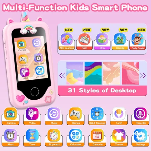 Miniatura 6 de Nikuku Teléfono para niños para niñas, teléfono inteligente para niños pequeños, regalo de cumpleaños de Navidad de 3, 4, 5, 6, 7, 8, 9, para niños