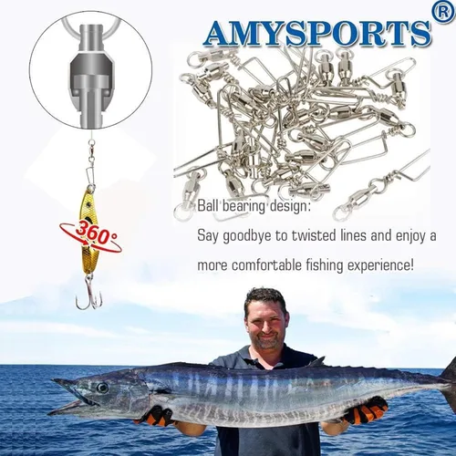Miniatura 5 de AMYSPORTS Eslabones giratorios de alta resistencia para pesca - Cojinetes de bola de acero inoxidable - Pesca en agua salada y agua dulce