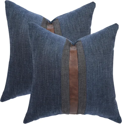 Miniatura 7 de Juego de 2 fundas de almohadas decorativas de cuero, decoración de exteriores, lino con parches, almohadas de cuero sintético marrón, funda