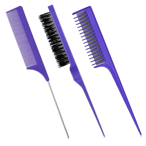 Miniatura 8 de Patelai Juego de 3 peines para peinar el cabello para mujer, cepillo para burlas/esponjoso, peine de cola de rata y peine triple (negro)