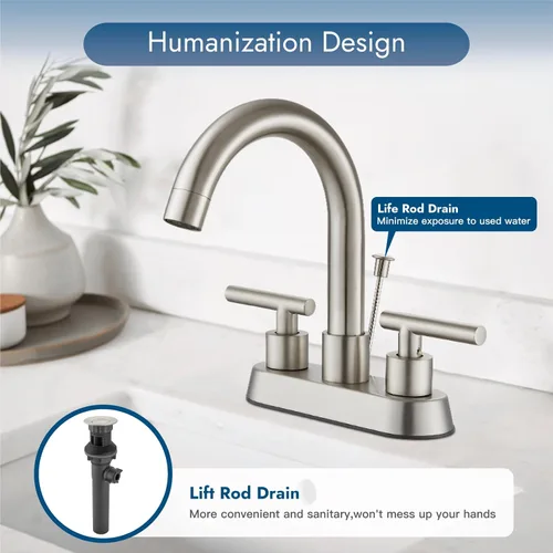Miniatura 4 de Grifo central de lavabo de baño de 4 pulgadas, 3 agujeros, 2 asas, grifos de baño con varilla de elevación, tapón de drenaje, grifo de tocador