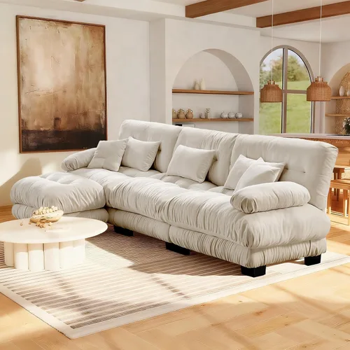 Miniatura 22 de Reposapiés Otomano Tapizado de Terciopelo con Cojín para Sofá Seccional Sofá 300 libras para Sala de Estar (Beige)